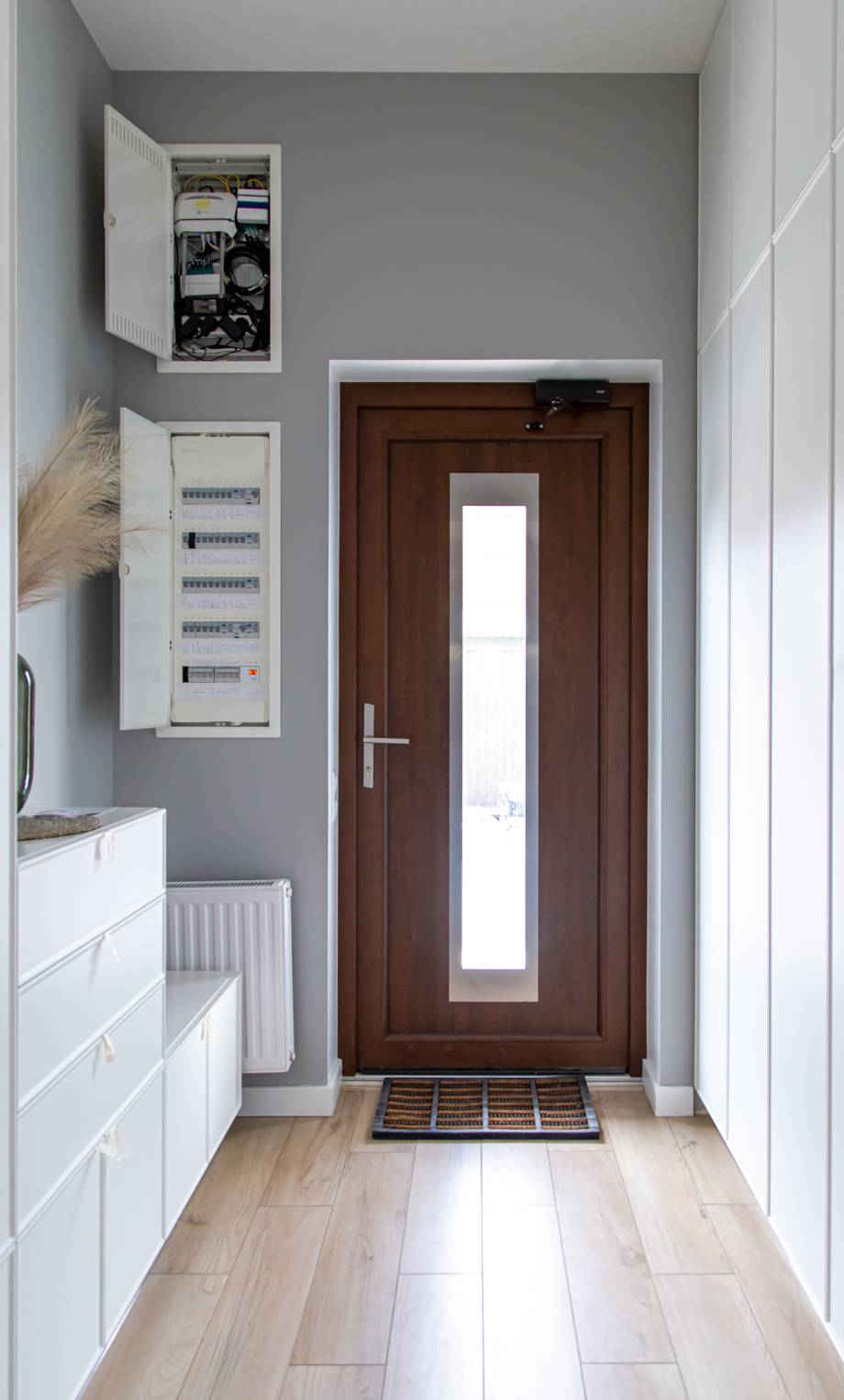 Close-up of a wooden door in the hallway in the style of minimalism.